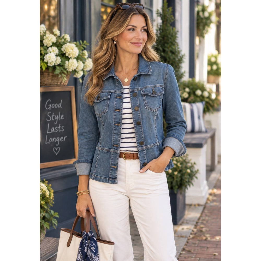 Talbots Women's Tailored Button Up Jean Jacket Medium Wash Blue Stretch Denim S